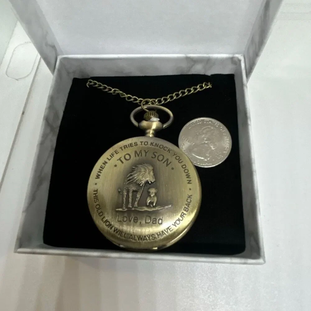 🦁 To My Son Pocket Watch – Lion & Cub – From Dad – Sentimental Gift – Quartz